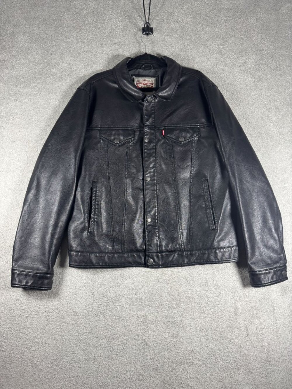 Levis Faux Leather Jacket Mens XL Black With Button Closures & Pockets